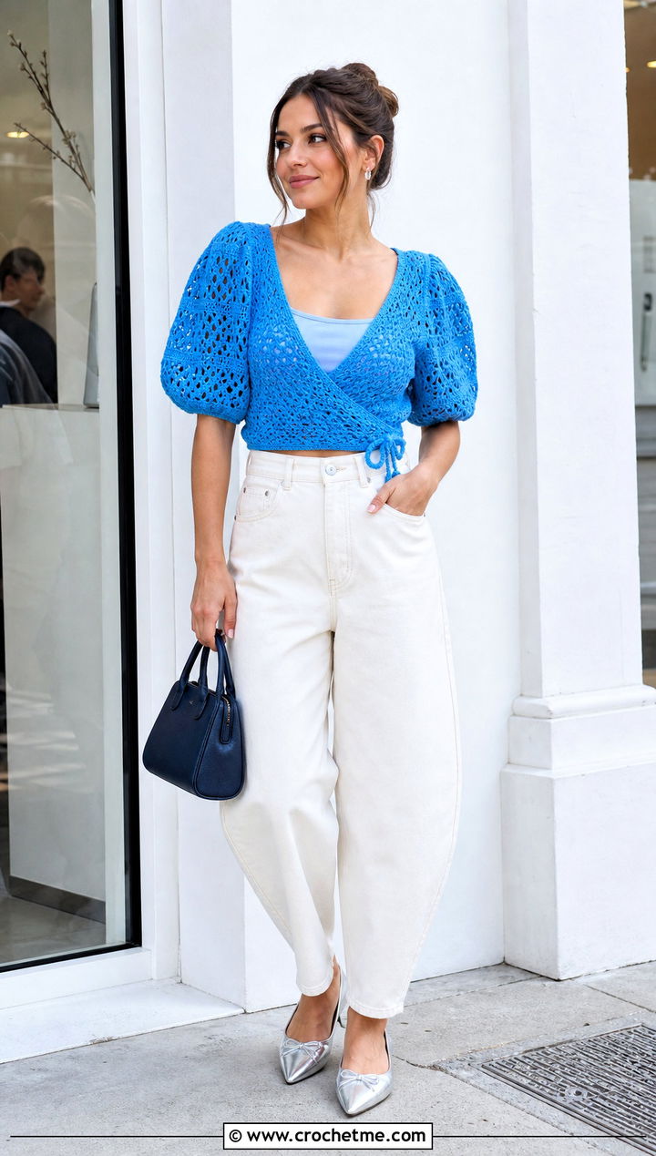 Puff Sleeve Crochet Wrap Shirt With Barrel Jeans - 30 crochet wrap shirt outfit ideas