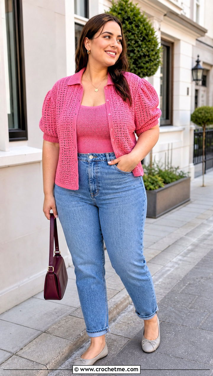 Puff Sleeve Crocheted Shirt With Mom Jeans - 35 Crocheted Shirt outfit ideas