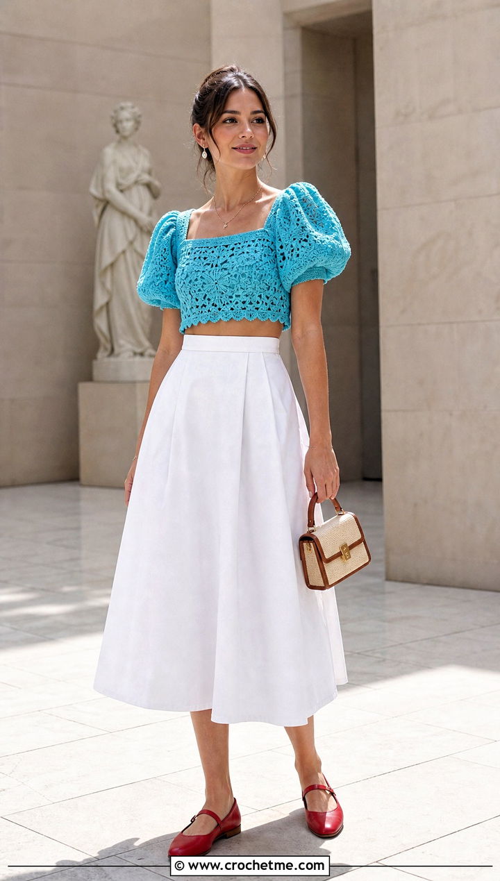Puff Sleeve Crop Crochet Top With A Line Midi Skirt - 35 crop crochet top outfit ideas