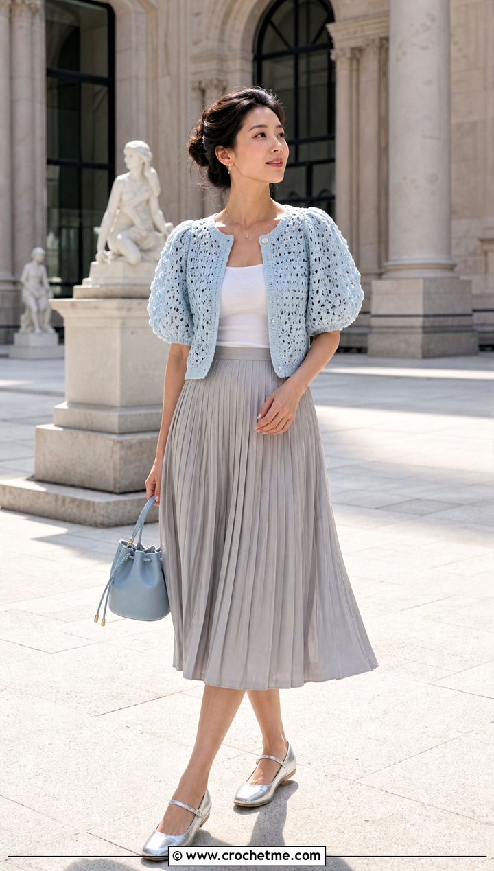 Puff Sleeve Cropped Crochet Cardigan With Pleated Midi Skirt - 35 cropped crochet cardigan outfit ideas