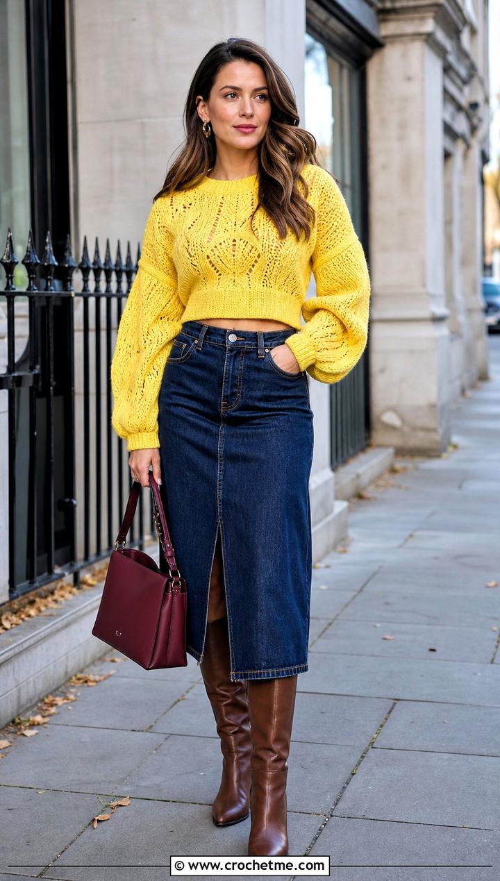 Puff Sleeve Cropped Sweater With Denim Midi Skirt - 30 crocheted cropped sweater outfit ideas