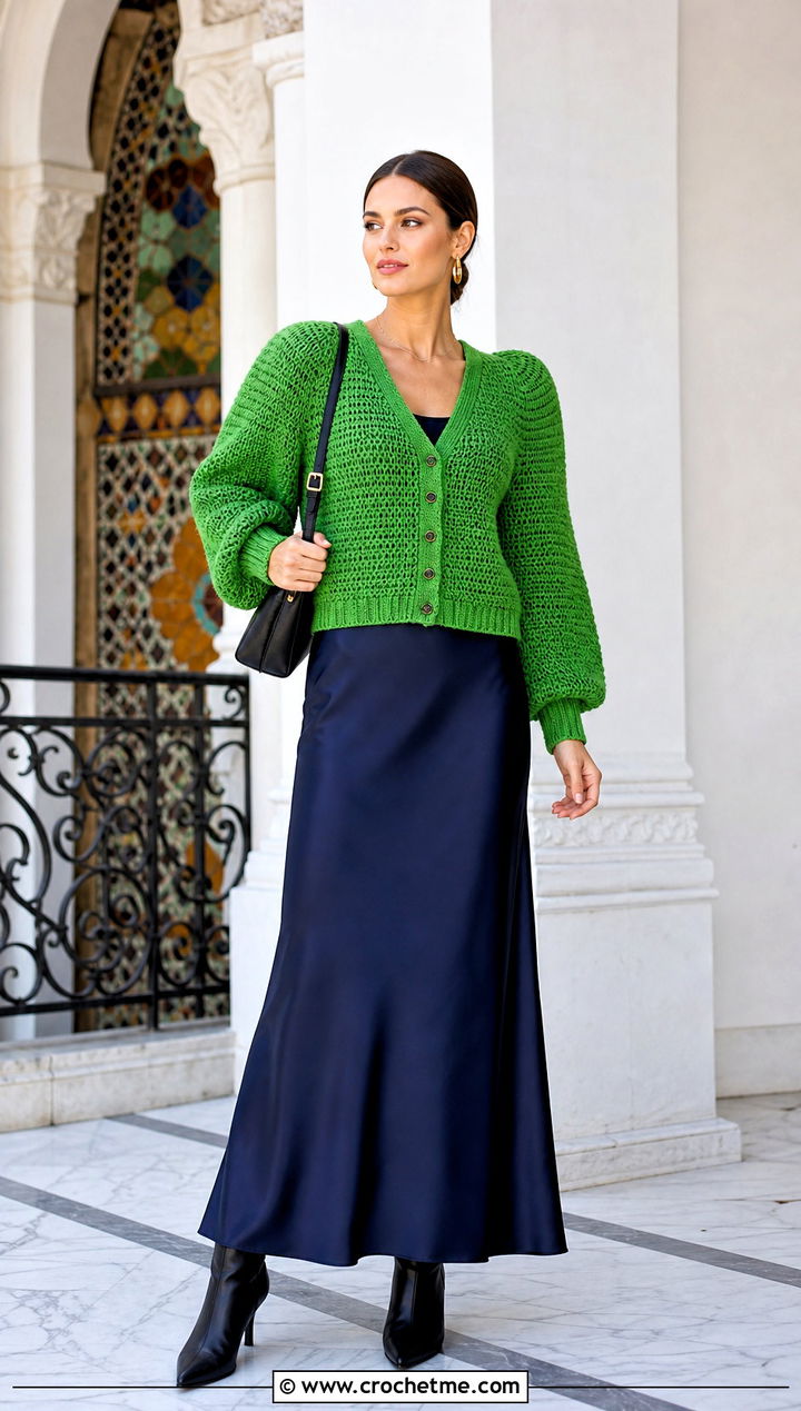 Puff Sleeve Double Crochet Cardigan With Maxi Skirt - 25 Double Crochet Cardigan outfit ideas