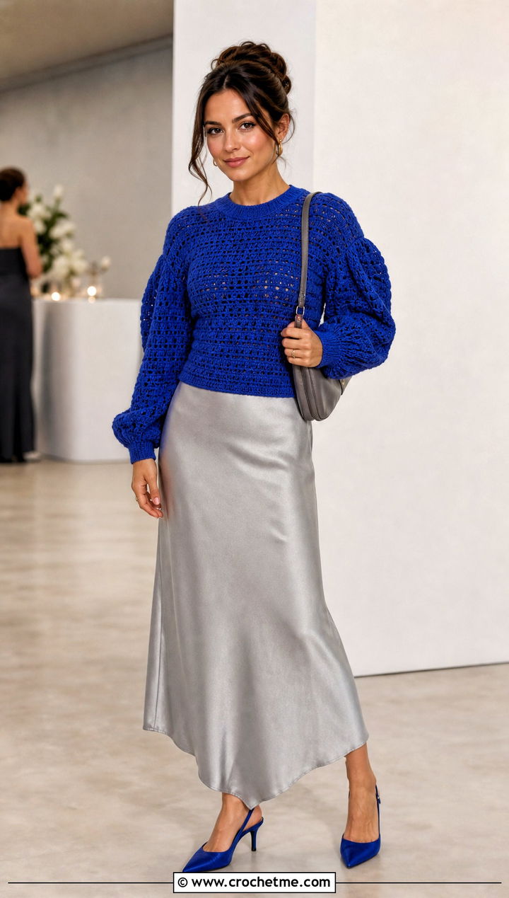 Puff Sleeve Double Crochet Sweater With Slip Skirt - 35 double crochet sweater outfit ideas