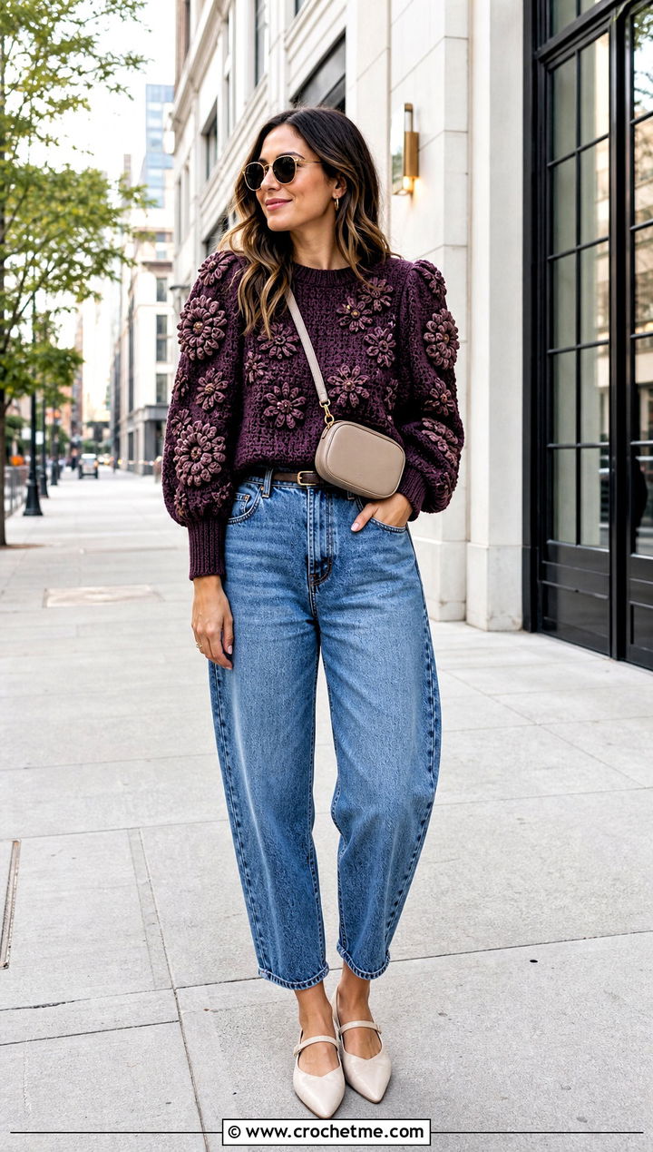 Puff Sleeve Floral Crochet Sweater With Barrel Jeans - 15 floral crochet sweater style outfit ideas