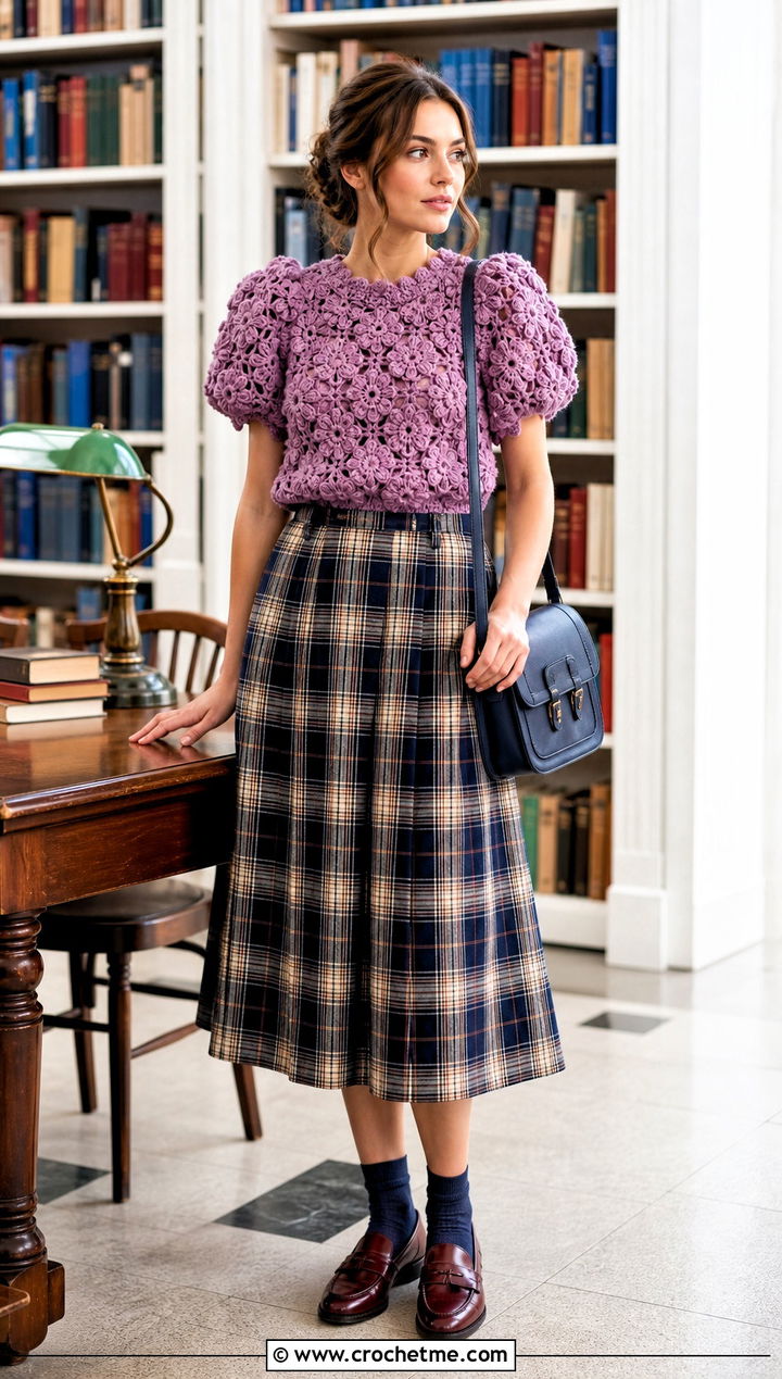 Puff Sleeve Flower Crochet Top With A Plaid Midi Skirt - 35 crochet top with flowers outfit ideas