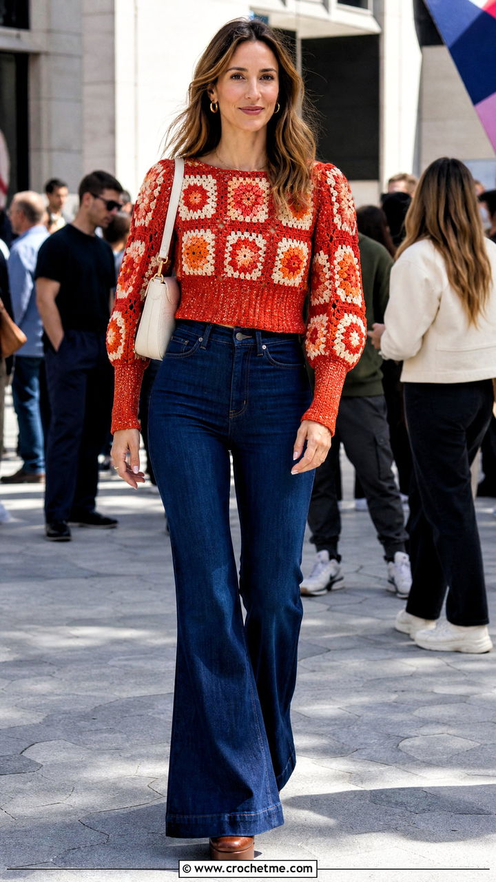 Puff Sleeve Granny Square Blouse Top With Flared Jeans - 35 granny square tops outfit ideas