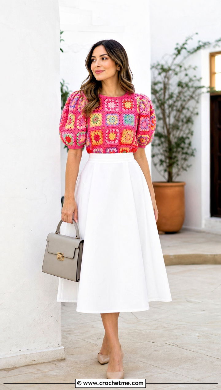 Puff Sleeve Granny Square Blouse With A Line Midi Skirt - 35 Granny Square Blouse outfit ideas