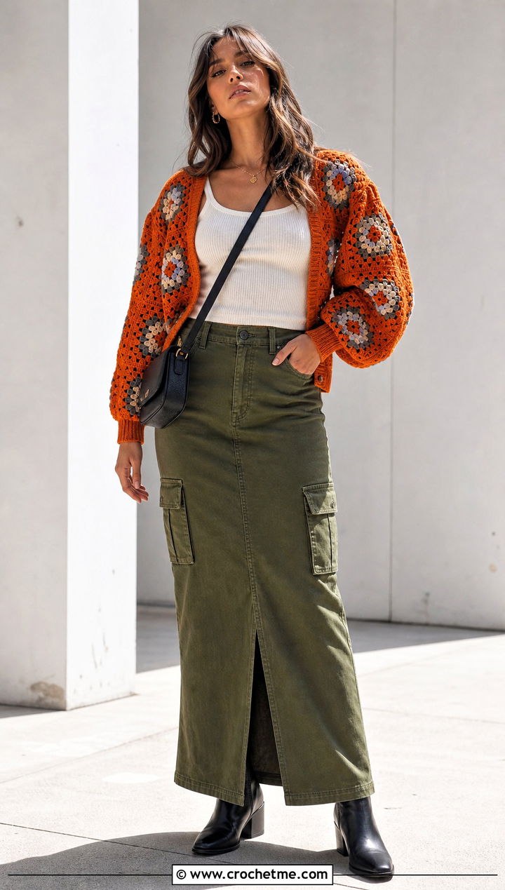 Puff Sleeve Granny Square Cardigan With Cargo Maxi Skirt - 30 crochet granny squares cardigan outfit ideas