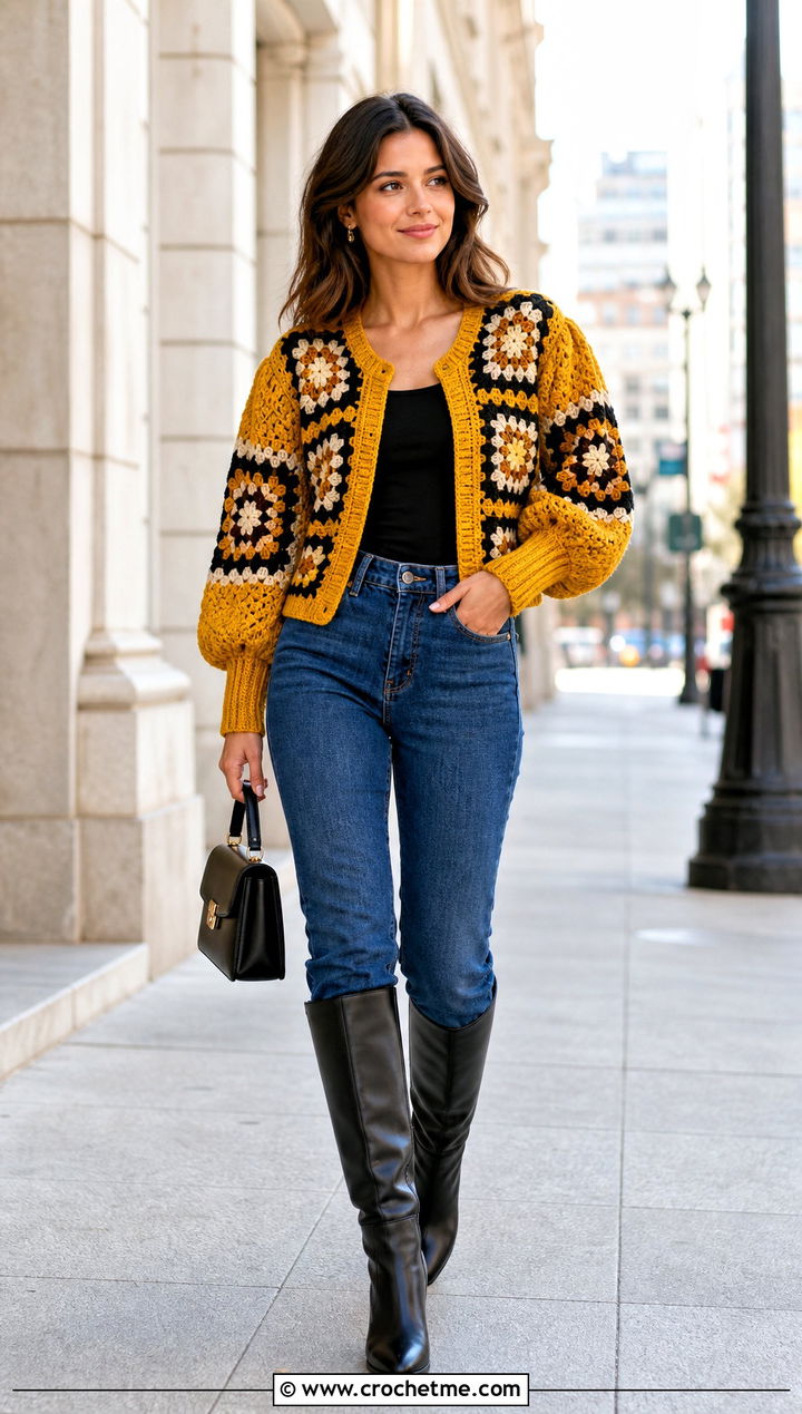Puff Sleeve Granny Square Cardigan With Slim Jeans - 35 Easy Simple Crochet Granny Square Cardigan outfit ideas