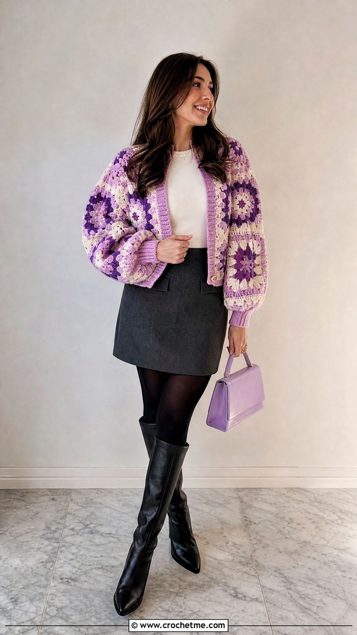 Puff Sleeve Granny Square Cardigan With Tailored Mini Skirt - 35 crochet granny square cardigan outfit ideas