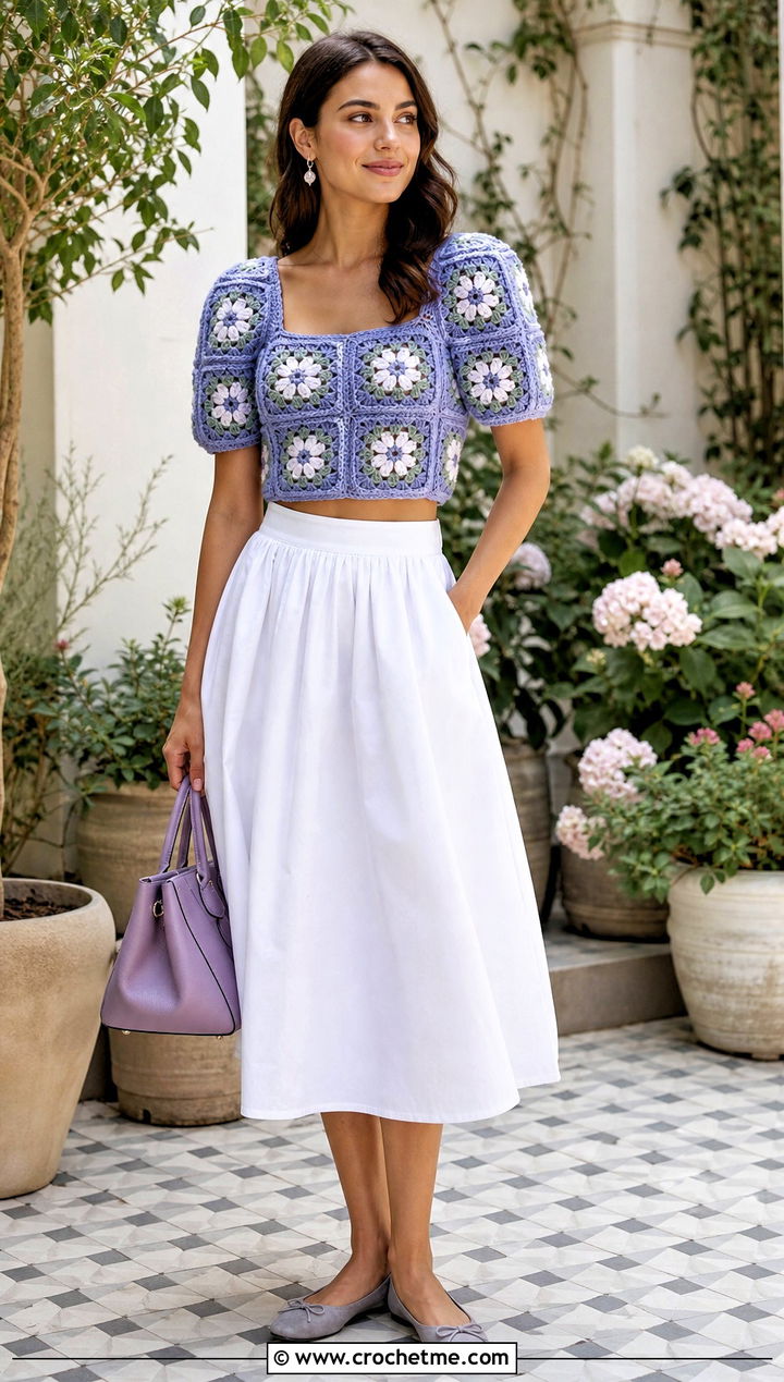 Puff Sleeve Granny Square Crochet Crop Top With Poplin Skirt - 30 granny square crochet crop top outfit ideas