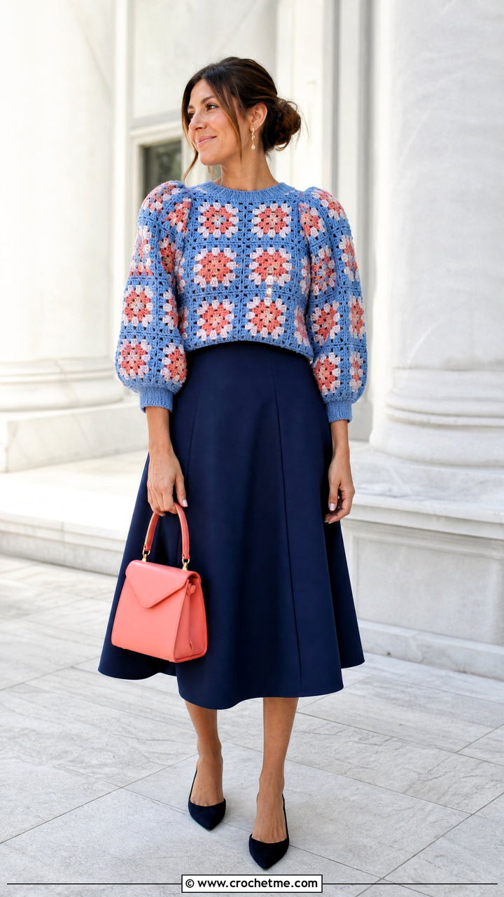 Puff Sleeve Granny Square Crochet Sweater With A Line Skirt - 35 granny square crochet sweater outfit ideas