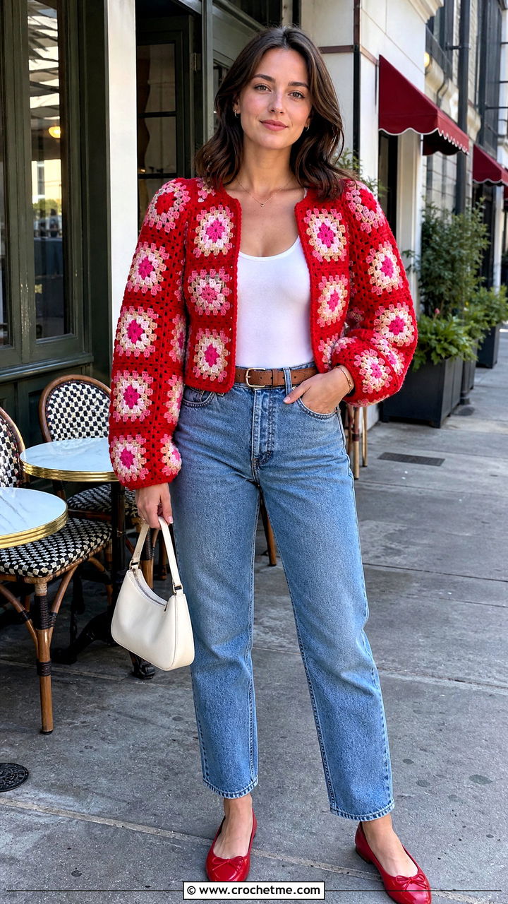 Puff Sleeve Granny Square Jacket With Mom Jeans - 35 granny square jacket outfit ideas