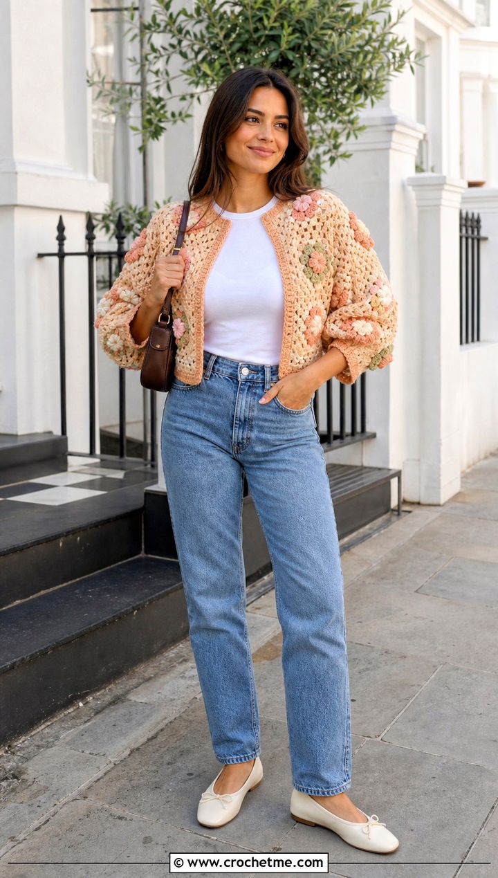 Puff Sleeve Granny Square Jacket With Straight Leg Jeans - 30 crochet granny square jacket outfit ideas