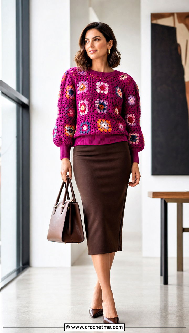 Puff Sleeve Granny Square Jumper With Pencil Skirt - 35 granny square jumper outfit ideas