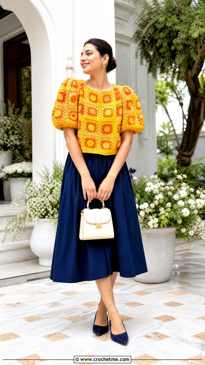 Puff Sleeve Granny Square Sweater With A Line Midi Skirt - 35 crochet granny square sweater outfit ideas