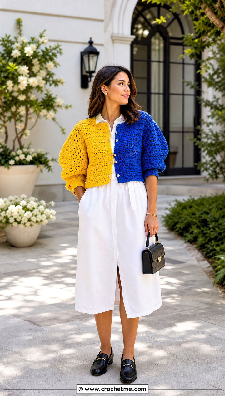 Puff Sleeve Half And Half Crochet Cardigan With White Shirt Dress - 20 Half And Half Crochet Cardigan outfit ideas