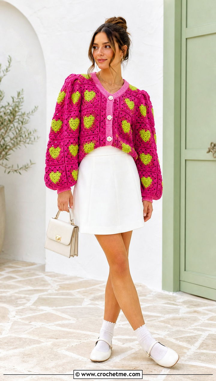 Puff Sleeve Heart Granny Square Cardigan With A Line Mini Skirt - 35 Heart Granny Square Cardigan outfit ideas