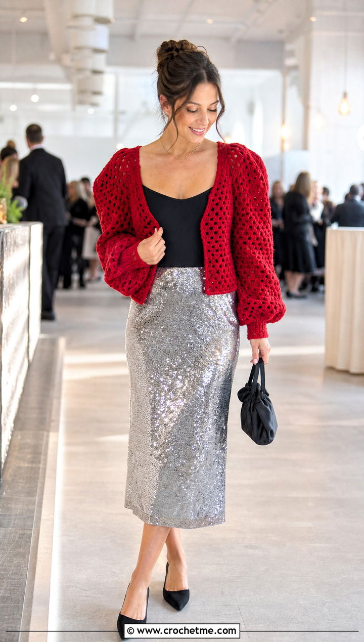 Puff Sleeve Hexi Crochet Cardigan With Sequin Skirt - 35 hexi crochet cardigan outfit ideas