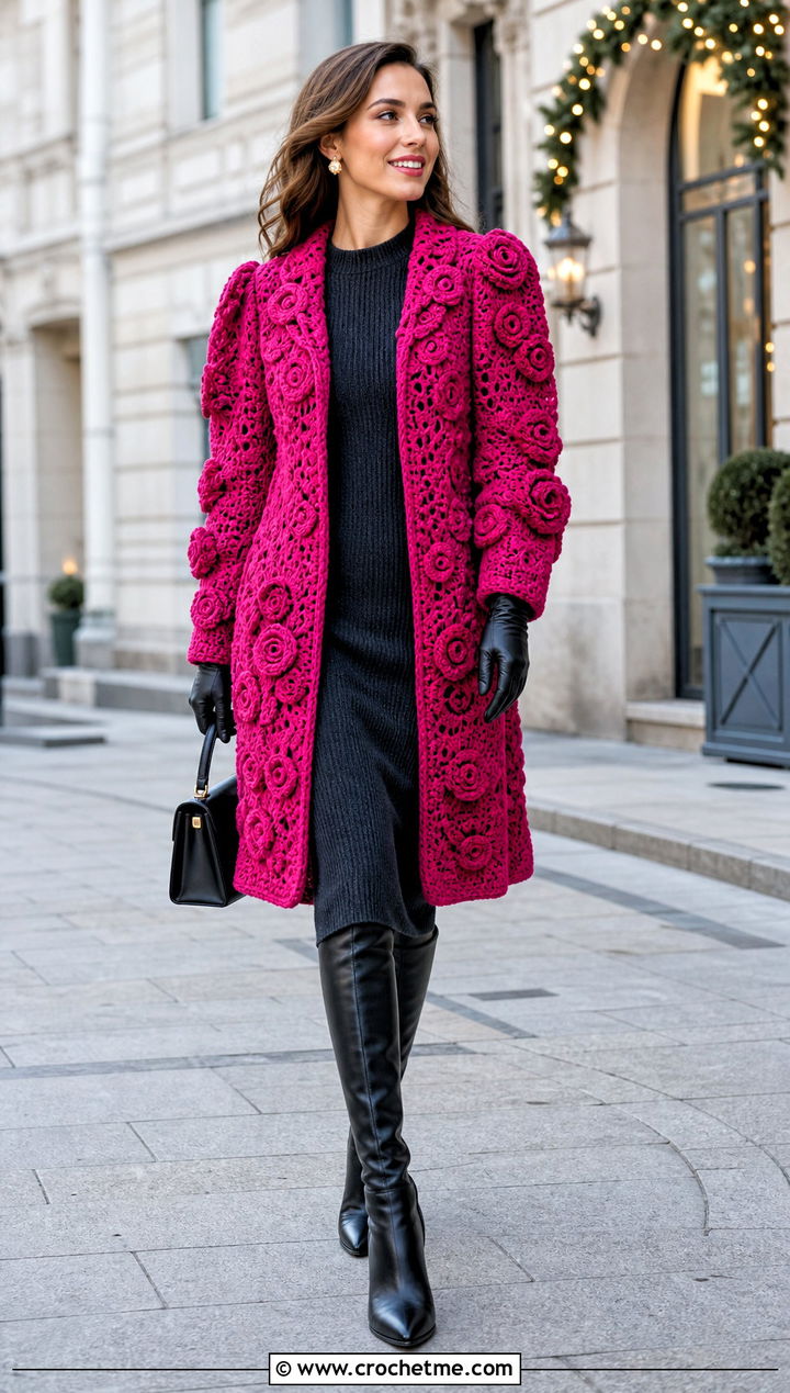Puff Sleeve Irish Crochet Coat With Knit Dress - 25 irish crochet coat outfit ideas