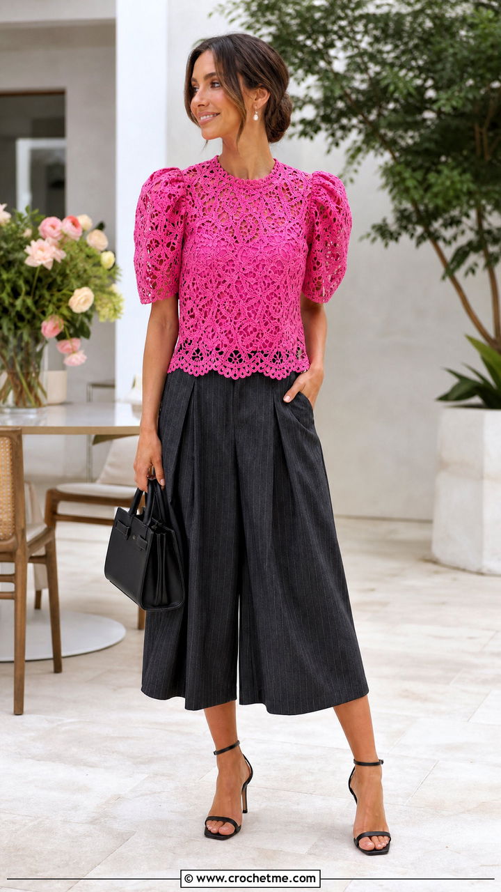 Puff Sleeve Lace Crochet Blouse With Culottes - 35 lace crochet top outfit ideas