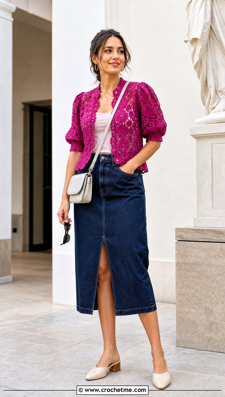 Puff Sleeve Lace Crochet Blouse With Denim Midi Skirt - 15 lace crochet blouse design outfit ideas