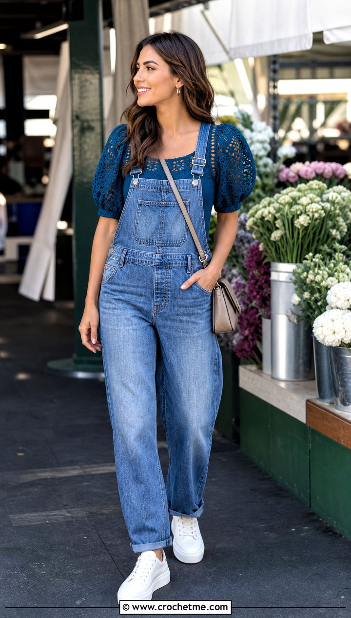 Puff Sleeve Lace Crochet Top With Denim Overalls - 30 Crochet Top With Holes outfit ideas