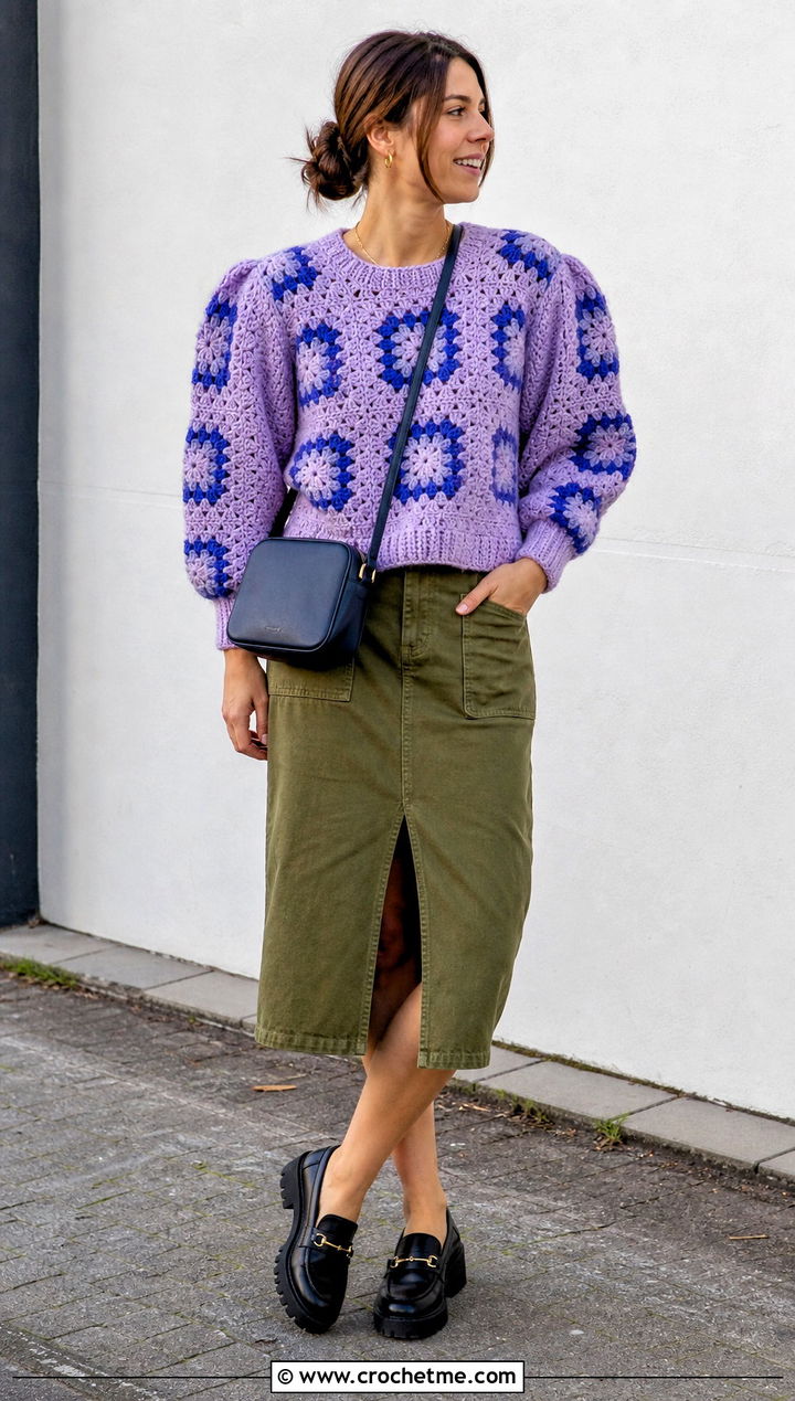 Puff Sleeve Large Granny Square Sweater With Utility Skirt - 35 large granny square sweater outfit ideas