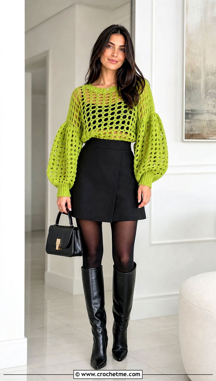 Puff Sleeve Loose Crochet Sweater With Mini Skirt And Tights - 30 loose crochet sweater outfit ideas