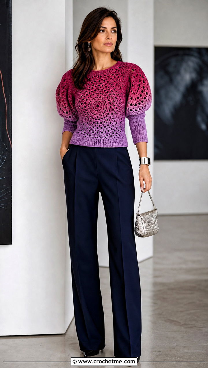 Puff Sleeve Mandala Ombre Crochet Sweater With Suit Trousers - 15 mandala ombre crochet sweater outfit ideas