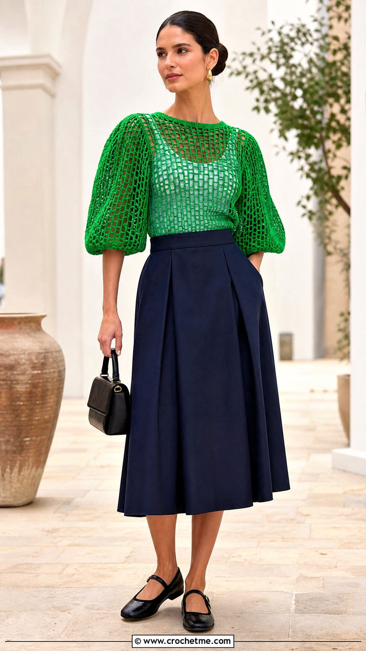 Puff Sleeve Mesh Sweater With A Line Skirt - 35 crochet net sweater outfit ideas