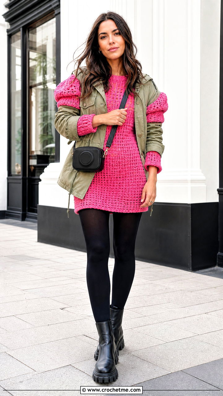 Puff Sleeve Mini Crochet Winter Dress With Utility Jacket - 35 crochet winter dress outfit ideas