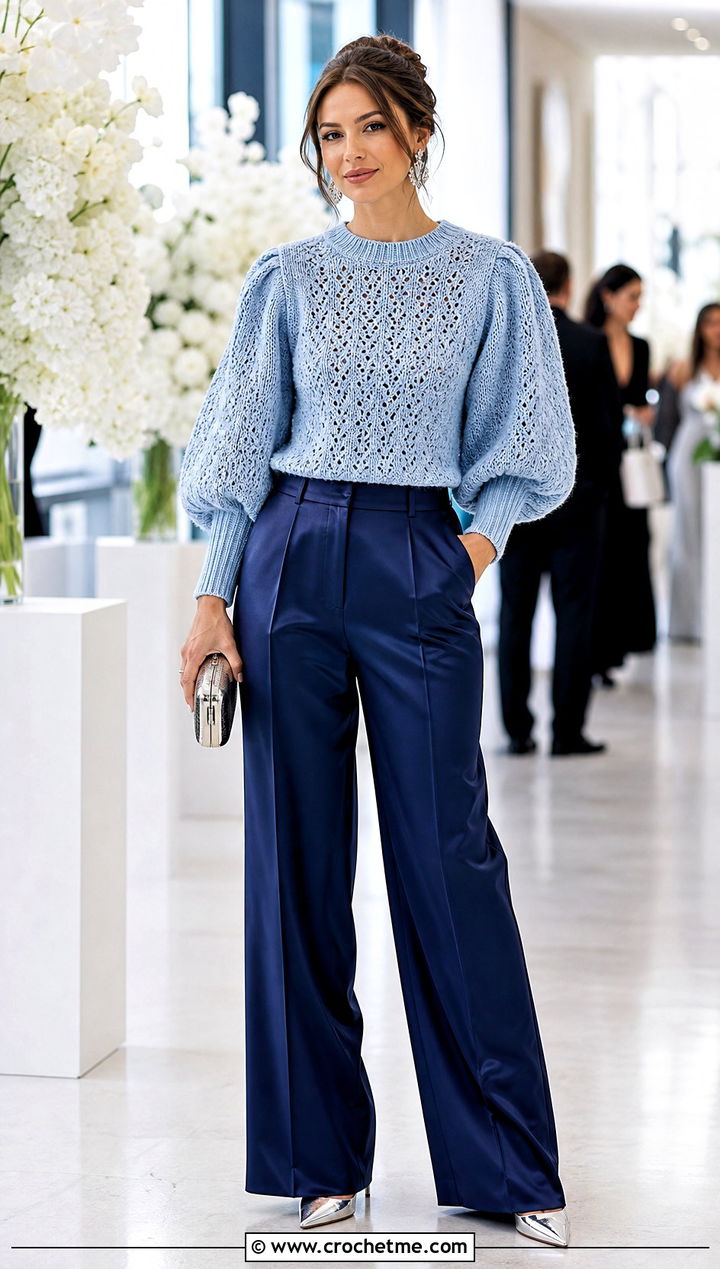 Puff Sleeve Mock Knit Crochet Sweater With Satin Trousers - 15 Mock Knit Crochet Sweater outfit ideas