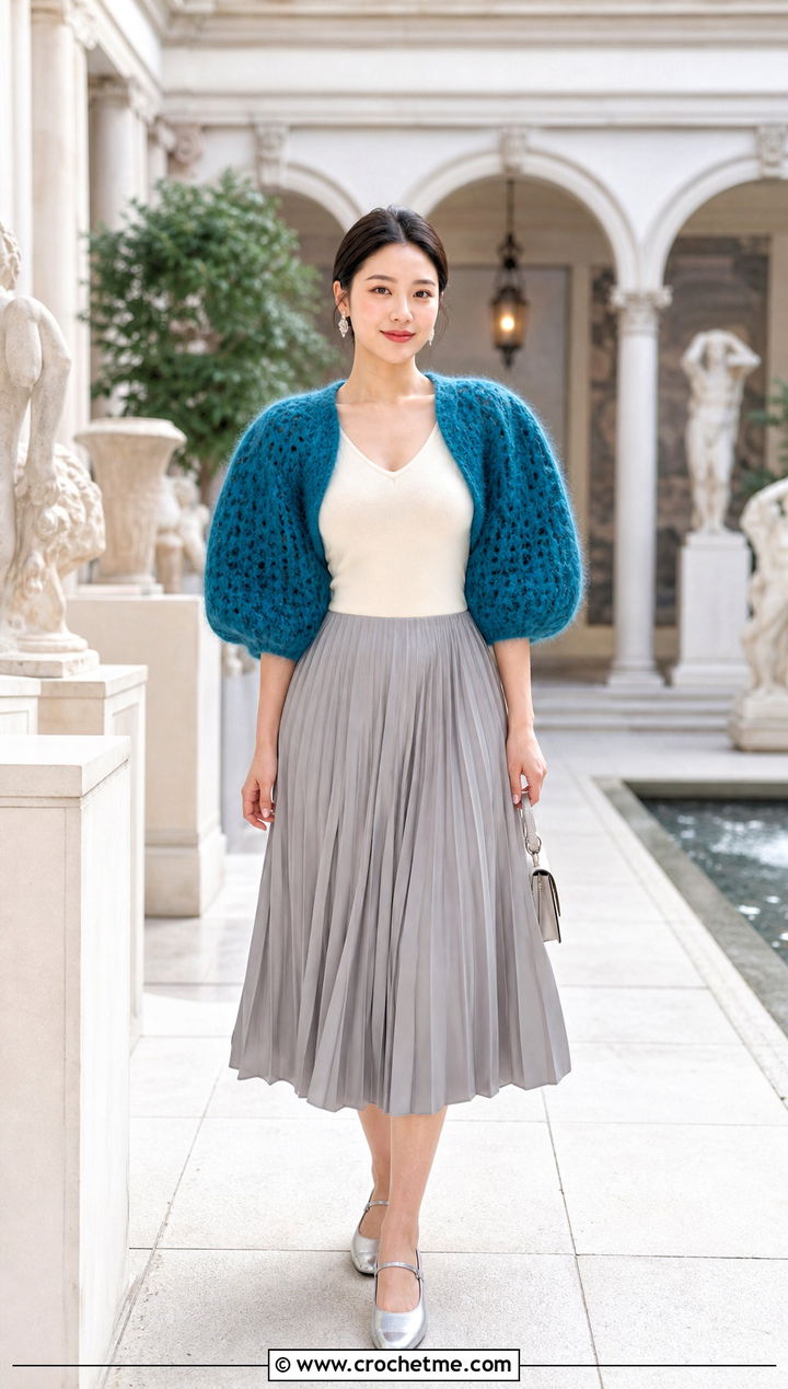 Puff Sleeve Mohair Crochet Shrug With Pleated Midi Skirt - 25 mohair crochet shrug outfit ideas