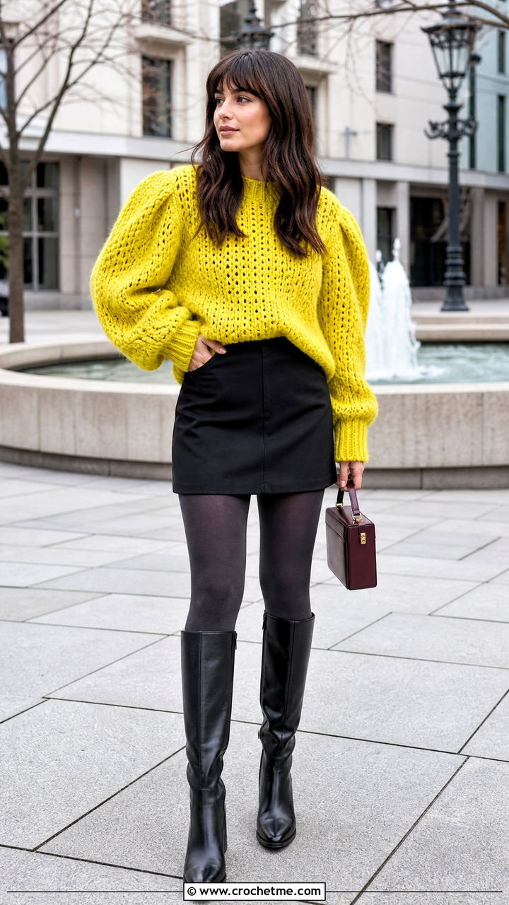 Puff Sleeve Oversized Crochet Sweater With Mini Skirt And Tights - 35 oversized crochet sweater outfit ideas