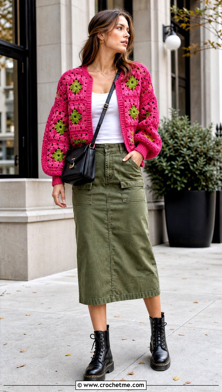 Puff Sleeve Pink Granny Square Cardigan With a Utility Skirt - 35 pink granny square cardigan outfit ideas