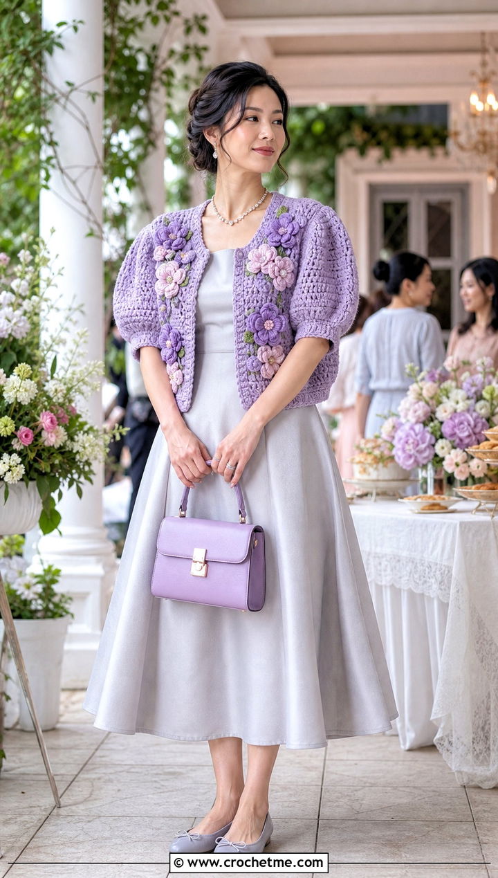 Puff Sleeve Puff Flower Crochet Cardigan With A Line Midi Dress - 25 puff flower crochet cardigan outfit ideas