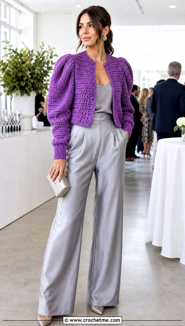 Puff Sleeve Rectangle Crochet Sweater With Satin Pants - 15 Rectangle Crochet Sweater outfit ideas
