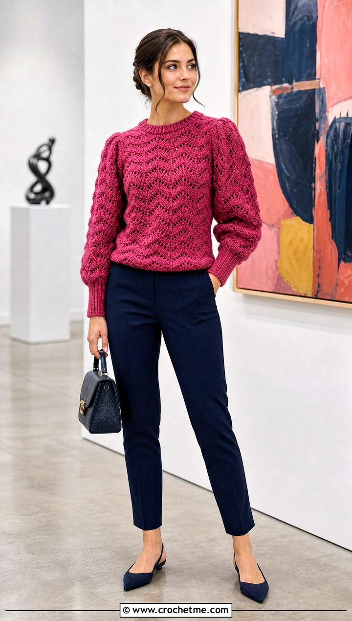 Puff Sleeve Ripple Stitch Sweater With Cigarette Pants - 25 Crochet Ripple Stitch Sweater outfit ideas