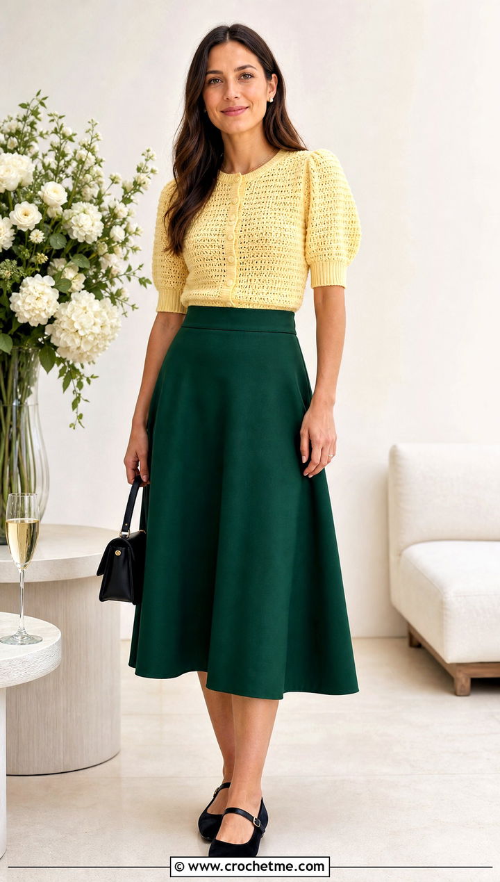 Puff Sleeve Seamless Crochet Cardigan With A Line Skirt - 25 Crochet Seamless Cardigan outfit ideas