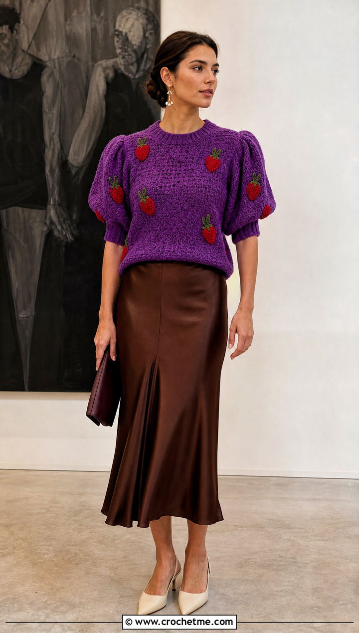 Puff Sleeve Strawberry Crochet Sweater With Satin Midi Skirt - 15 Strawberry Crochet Sweater outfit ideas
