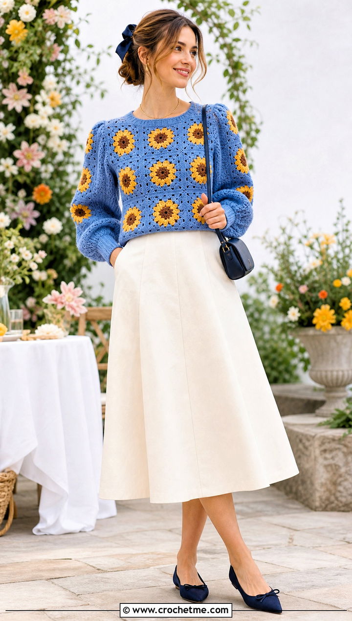 Puff Sleeve Sunflower Granny Square Pullover Sweater With A Line Midi Skirt - 15 Sunflower Granny Square Pullover Sweater outfit ideas