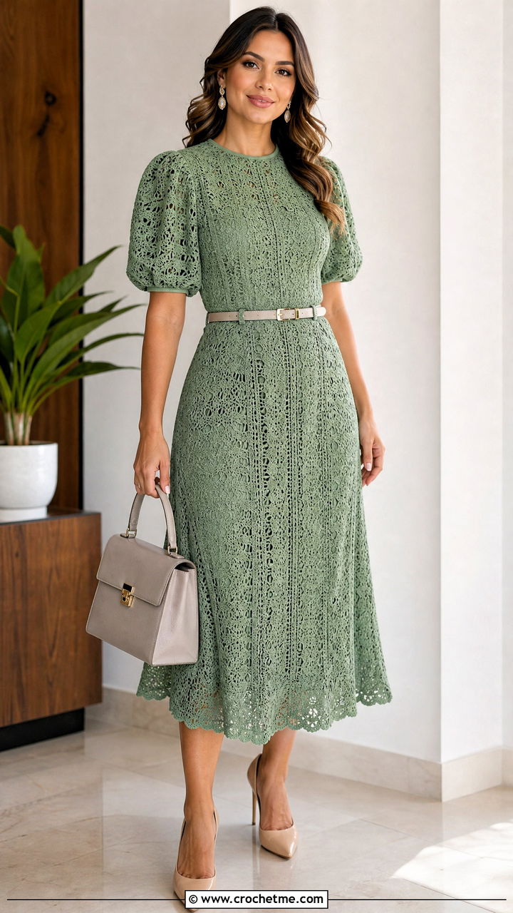 Puff Sleeve Top And Midi Skirt Set With Pumps - 35 crochet skirt and top set outfit ideas