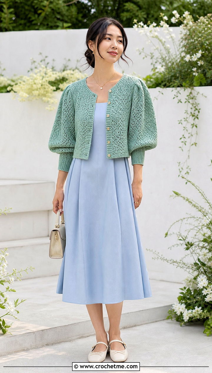 Puff Sleeve Top Down Crochet Cardigan With A Line Dress - 30 top down crochet cardigan outfit ideas