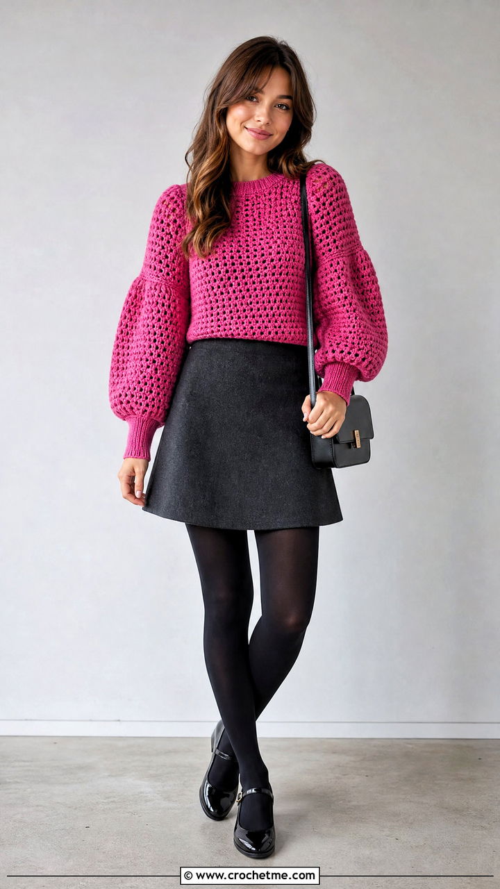 Puff Sleeve Top Down Crochet Sweater With A Line Mini Skirt - 35 top down crochet sweater outfit ideas