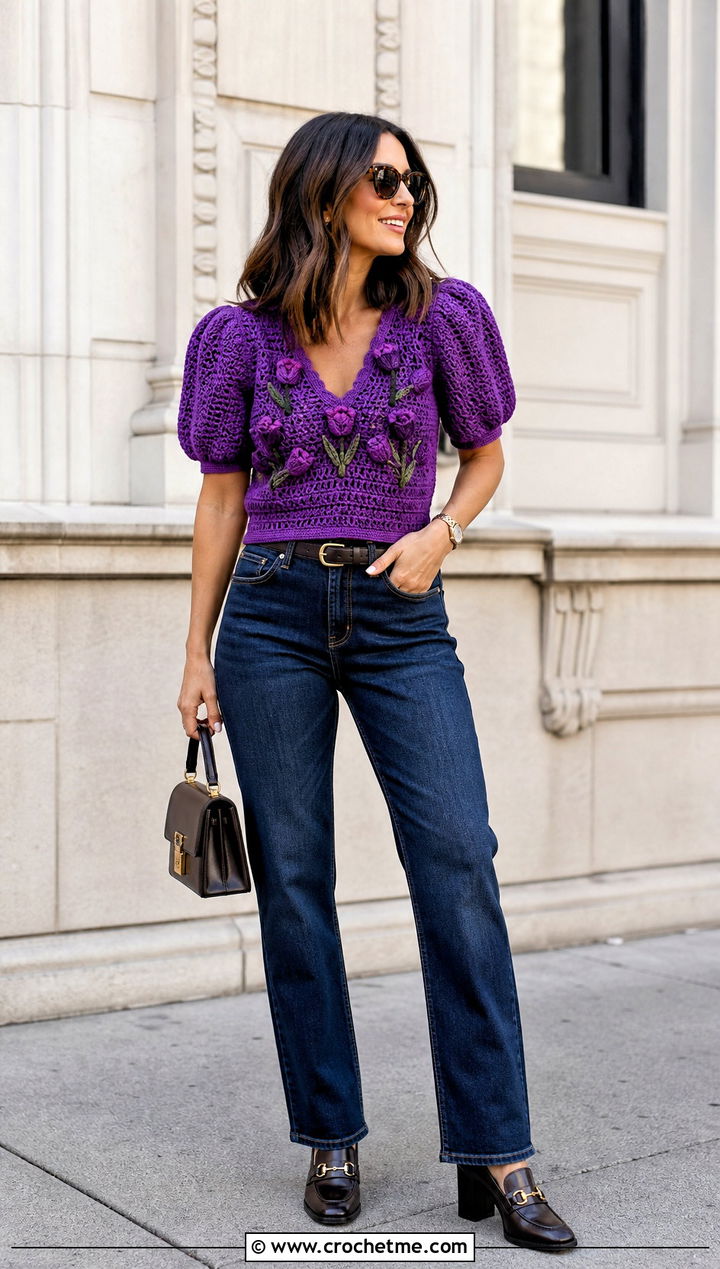 Puff Sleeve Tulip Crochet Top With Dark Wash Jeans - 30 crochet tulip top outfit ideas