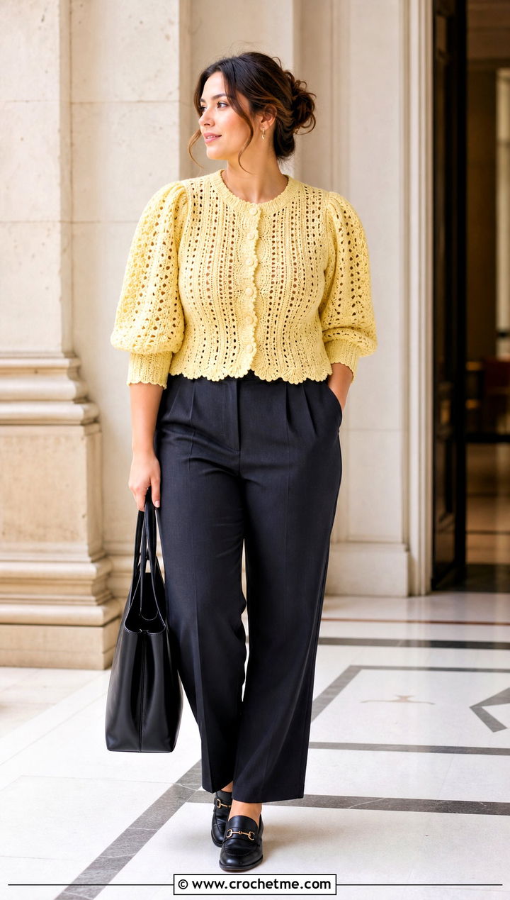 Puff Sleeve Victorian Crochet Cardigan With Tailored Trousers - 15 Victorian Style Crochet Cardigan outfit ideas