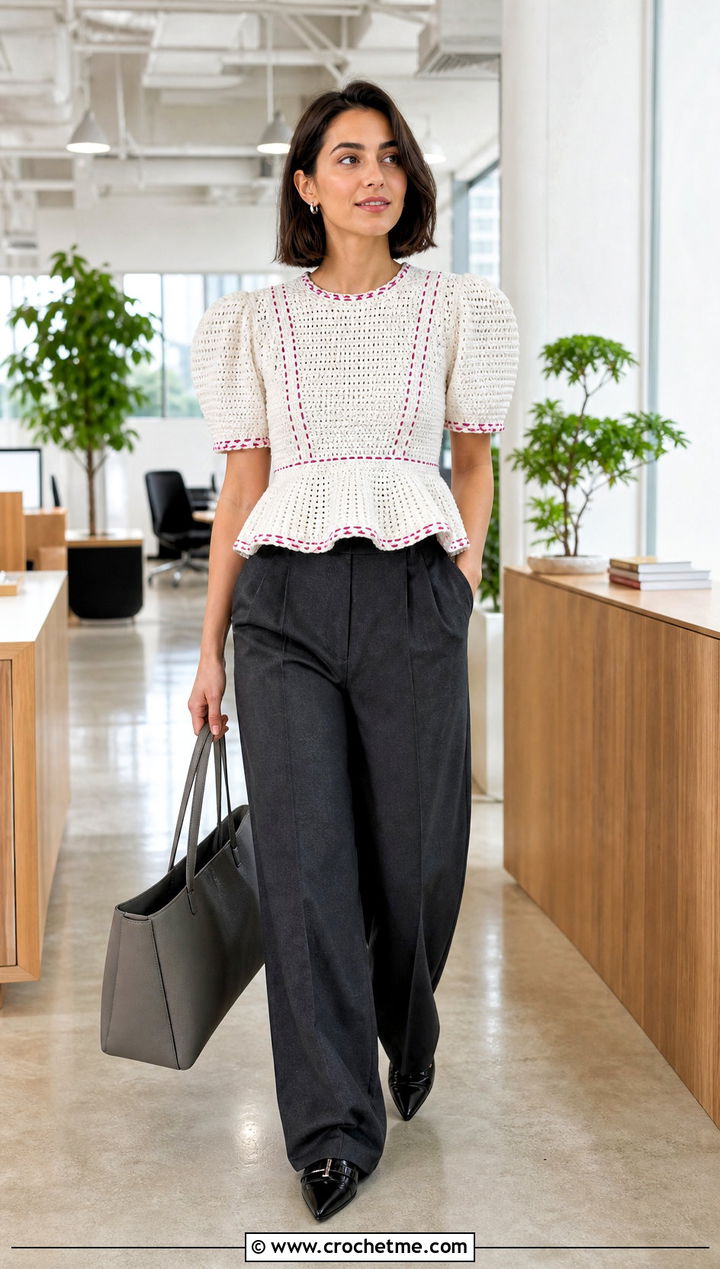 Puff Sleeve White Crochet Peplum Top With Wide Leg Trousers - 15 White Crochet Peplum Top outfit ideas