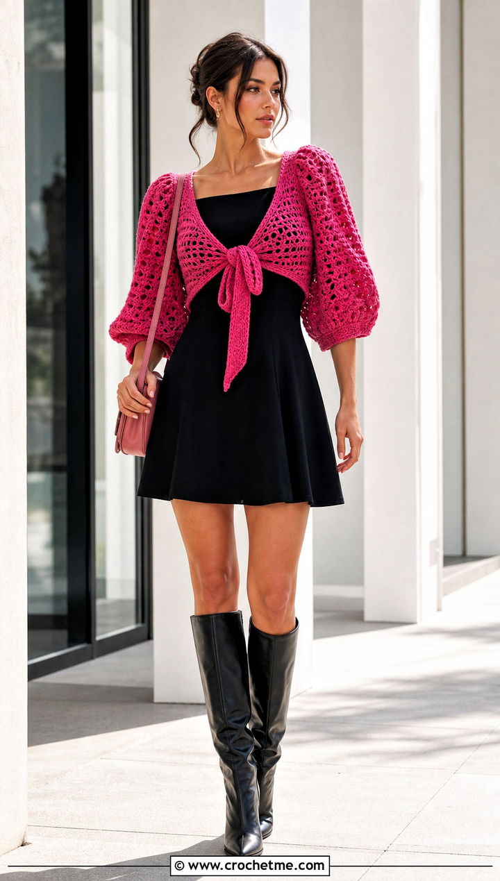 Puff Sleeve Wrap Around Shrug With Mini Dress - 25 Crochet Wrap Around Shrug outfit ideas