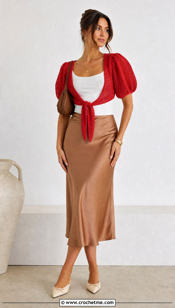 Puff Sleeve Wrap Around Shrug With Slip Skirt - 25 crochet wrap around shrug with sleeves outfit ideas